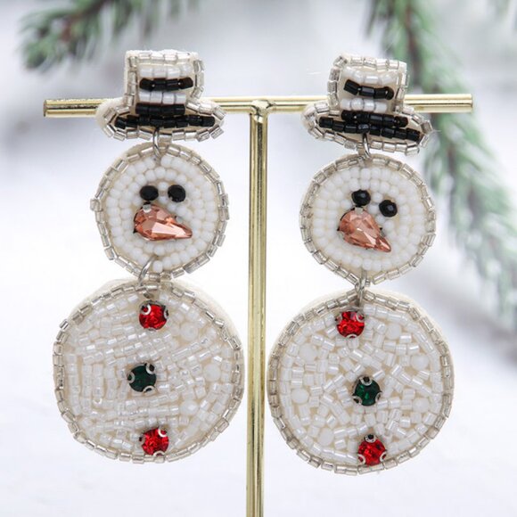 Crystal & Beaded Dangle Snowman Seed Bead Statement Christmas Earrings - Picture 1 of 7
